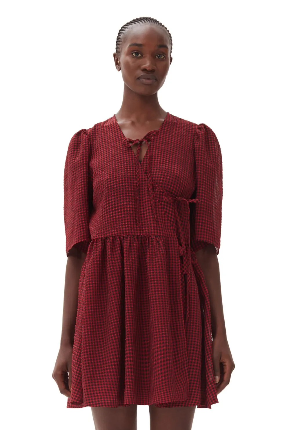 Ganni - Sheer Fluid Check Tie String Wrap Dress