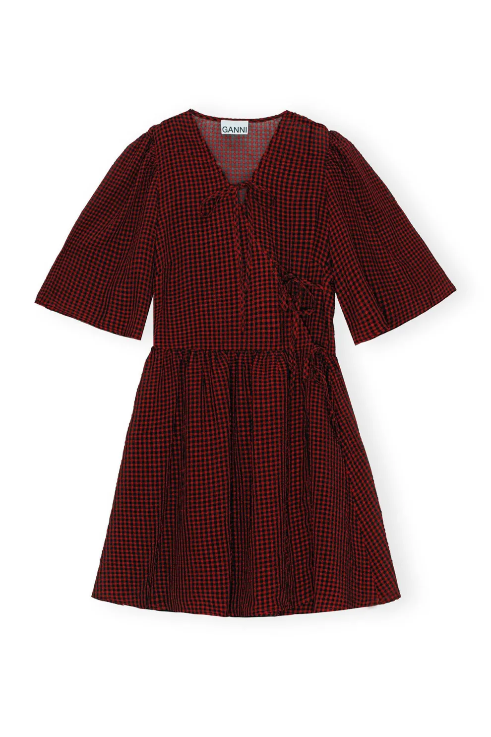 Ganni - Sheer Fluid Check Tie String Wrap Dress