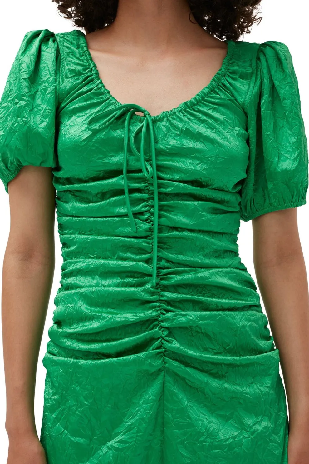 Ganni - Crinkled Satin Gathered U-neck Midi Dress