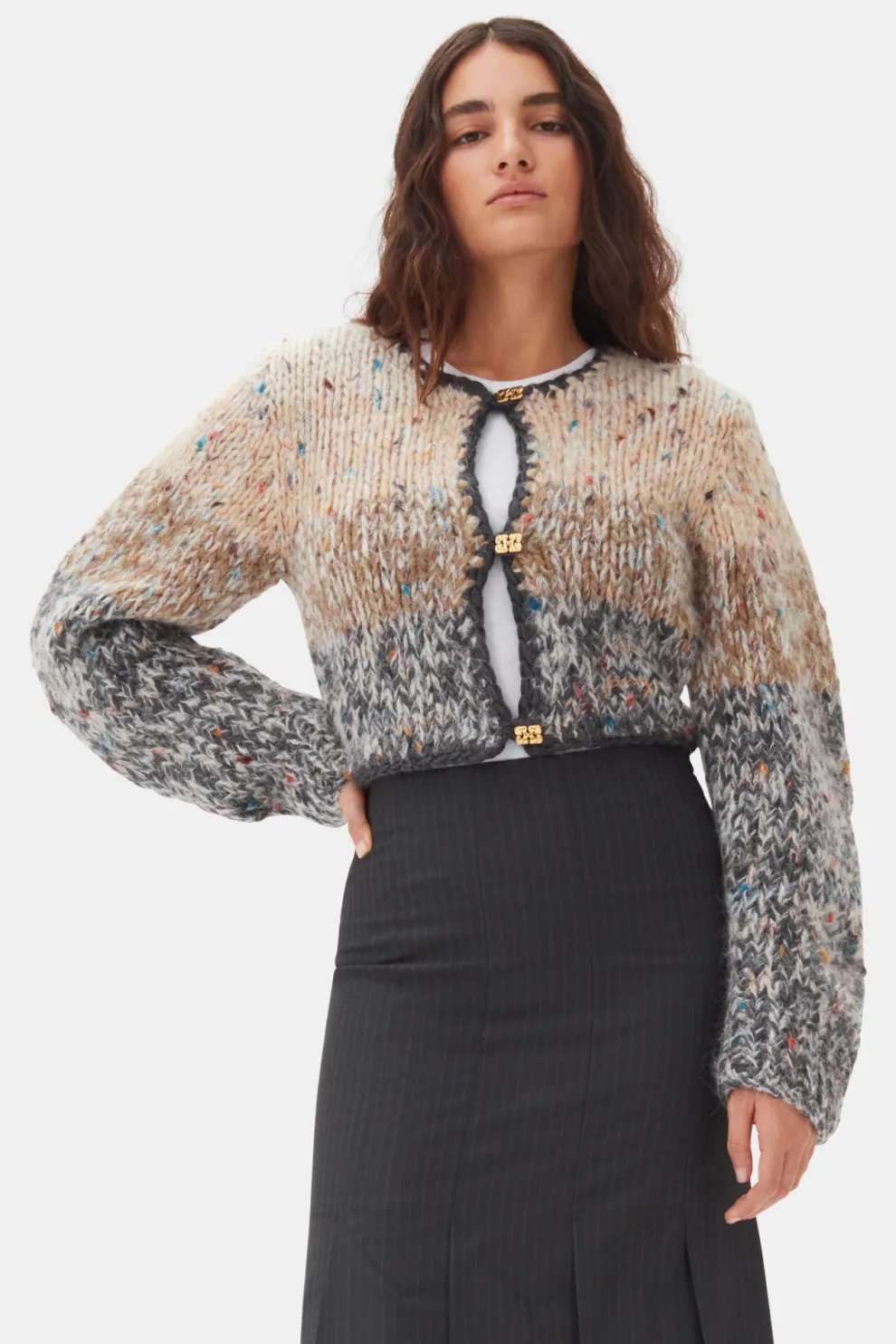 Ganni - Striped Chunky Marled Handknit Crop Cardigan