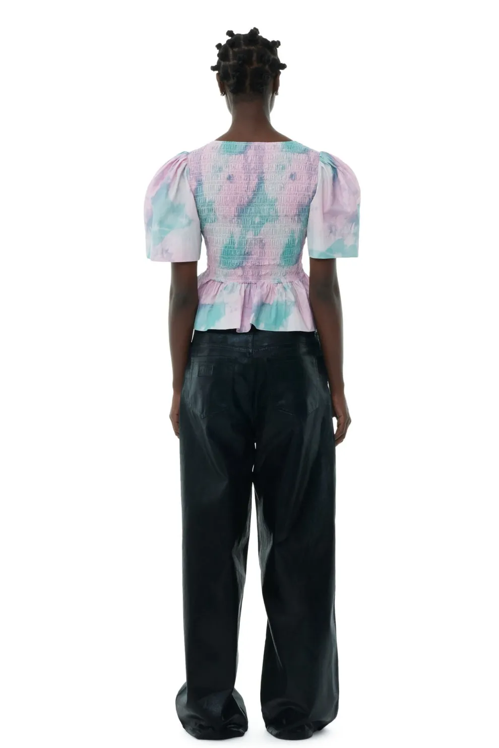 Ganni - Printed Cotton Open-Neck Smock Blouse