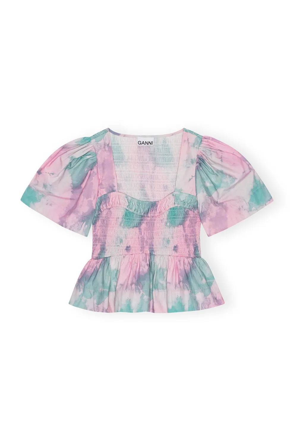 Ganni - Printed Cotton Open-Neck Smock Blouse