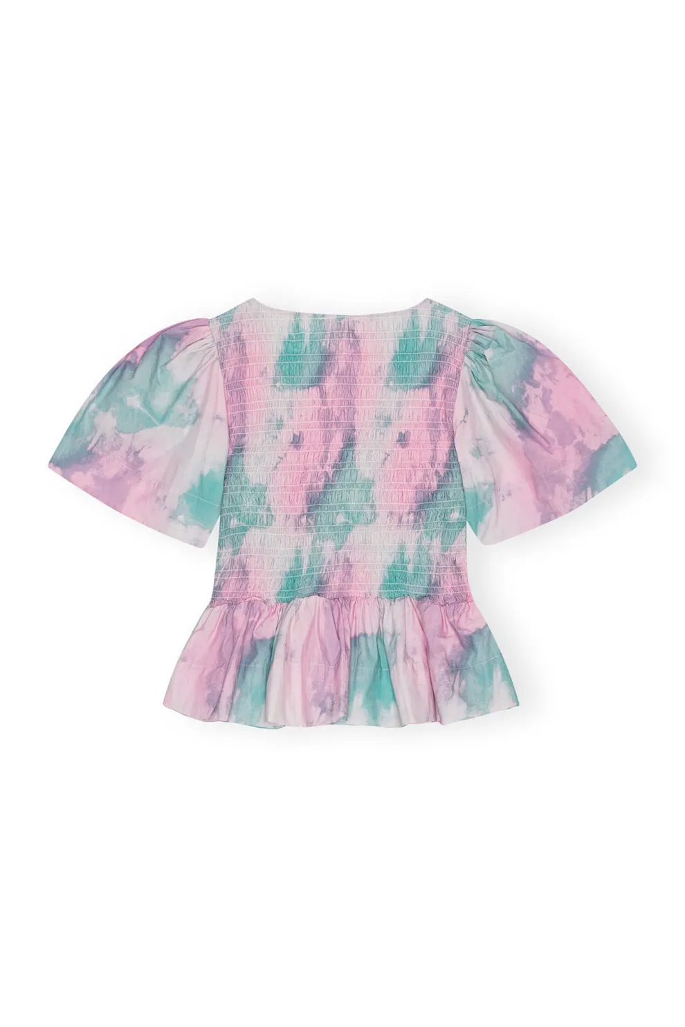 Ganni - Printed Cotton Open-Neck Smock Blouse